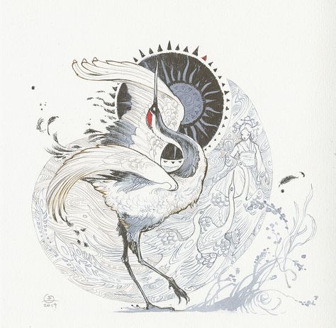 Red Crowned Crane Illustration, Stork Illustrations, Japanese Crane Art, Crane Illustration, Crane Drawing, Crane Art, Stephanie Law, Red Crowned Crane, Crane Tattoo