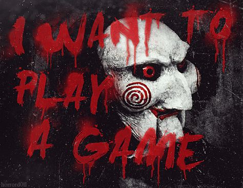 Billy's face tattoo, maybe use this one, also the writing style I like. Wanna Play A Game Jigsaw, Wanna Play A Game, Jigsaw Saw, Writing Style, Horror Artwork, Halloween Gif, Film Images, Play A Game, Horror Movie Art