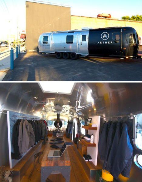 Aether Mobile Fashion Truck #disruptiveretail #fashiontruck Camper Design Ideas, Airstream Living, Reclaimed Wood Floors, Airstream Trailer, Airstream Interior, Airstream Renovation, Fashion Truck, Stunning Interior Design, Mobile Boutique