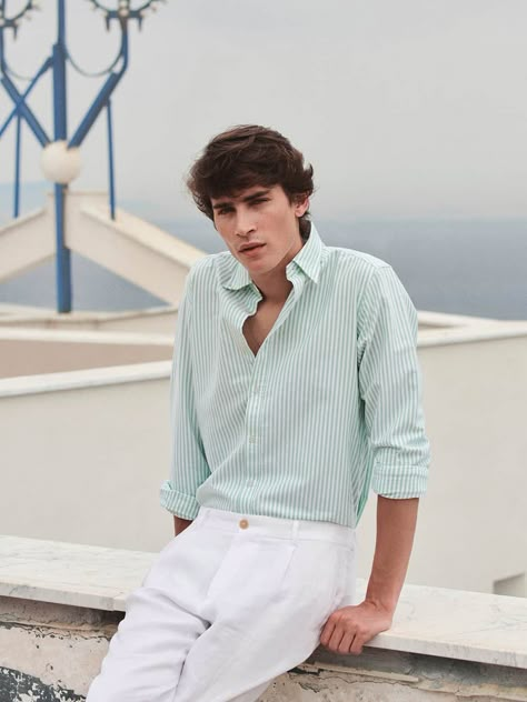 White Trousers Outfit Men, Striped Shirt Outfit Men, Liam Kelly, Blue Outfit Men, Blue Striped Shirt Outfit, Green Shirt Outfits, Men Aesthetic Outfits, Green Pants Men, White Pants Men