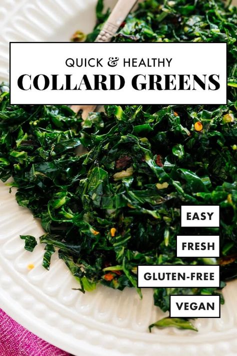 You're going to LOVE these bacon-free collards! These collard greens are quickly cooked in olive oil and finished with a squeeze of fresh lemon juice. They're the perfect simple, green side dish. #collardgreens #collards #healthyrecipe #sidedish #cookieandkate Fresh Collard Greens Recipe, Collards Greens Recipe, Quick Collard Greens Recipe, Green Side Dishes, Collard Green Recipes, Vegan Collard Greens Recipe, Best Collard Greens Recipe, Vegetarian Collard Greens, Cooking Collard Greens