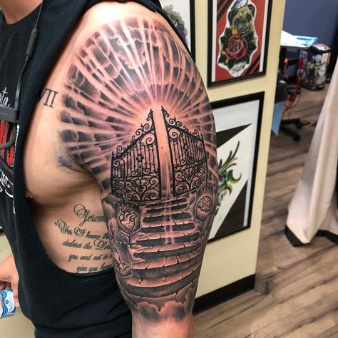 Religious Tattoo Sleeves, Stairway To Heaven Tattoo, Half Sleeve Tattoos Forearm, Cool Half Sleeve Tattoos, Heaven Tattoos, Half Sleeve Tattoos Drawings, Men Tattoos Arm Sleeve, Mens Shoulder Tattoo, Forearm Sleeve Tattoos