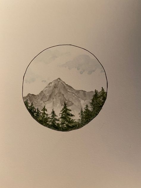 Watercolor mountains and trees Mountain Tattoo In Circle, Circular Mountain Tattoo, Mountain Tattoo Circle, Tree Mountain Tattoo, Tattoo Circle, Mountains And Trees, Circle Tattoos, Mountain Tattoo, Watercolor Mountains