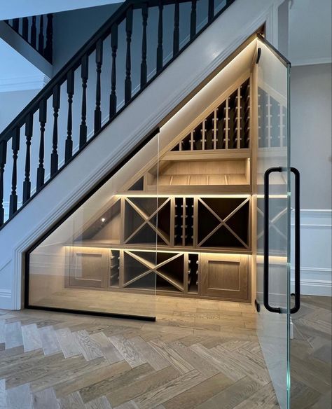 Wine Cellar Modern, Under Stairs Wine Cellar, Wine Cellar Basement, Glass Wine Cellar, Wine Closet, Home Bar Rooms, Home Wine Cellars, Finished Basement Ideas, Wine Cellar Design