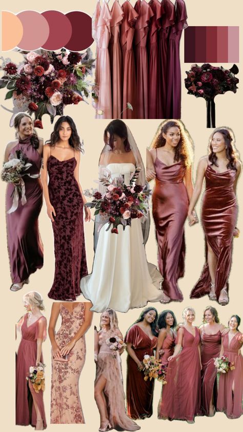 Mismatched Red Bridesmaid Dresses, Bridesmaid Dress Color Schemes, Bridal Party Color Schemes, Bridesmaid Indian, Bridal Parties Colors, Old Hollywood Wedding, Fall Wedding Color Palette, Elegant Winter Wedding, Dusty Rose Bridesmaid Dresses