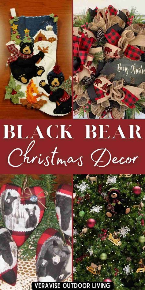 Bring a bit of the Smokies home with these rustic cabin black bear Christmas decorations. #cabindecor #rusticcabin #christmas #blackbear #smokymountains #homedecor Mountain Lodge Christmas Decor, Bear Themed Christmas Tree, Bear Christmas Decorations, Lodge Christmas Decor, Bear Decorations, Bear Home Decor, Black Bear Decor, Christmas Lodge, Traditional Colonial