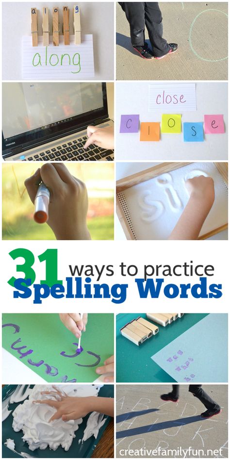 31 Ways to Practice Spelling Words. Fun and creative ideas to help kids have fun while they're learning. They'll love practicing their spelling words! Practice Spelling Words At Home, Ways To Practice Spelling Words, Practice Spelling Words, Spelling Word Games, Spelling Word Activities, Spelling Word Practice, Spelling Ideas, 1st Grade Spelling, Spelling For Kids