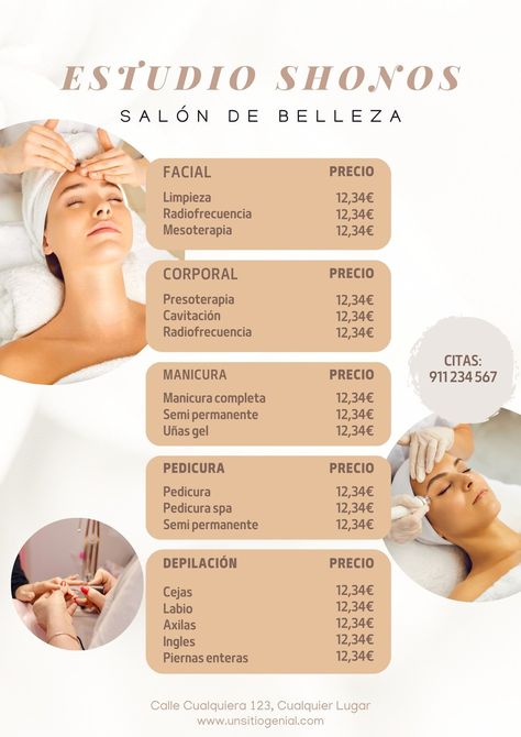 Flyer Salón de Belleza Minimalista Beige - Plantillas de Canva Beige Template, Massage Therapy Business, Skin Care Pictures, Esthetics Room, Spa Menu, Salon Business Cards, Flyer Printing, Marketing Business Card, Skincare Video