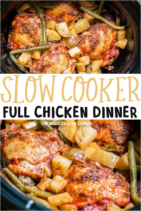 Slow Cooker Full Chicken Dinner has tender chicken thighs, Yukon Gold Potatoes, and Green beans in a savory tomato sauce. - The Magical Slow Cooker #crockpot #slowcooker #chicken #easychickenrecipes #dinnerideas Slow Cooker Full Chicken, Full Chicken, Magical Slow Cooker, The Magical Slow Cooker, Easy Crockpot Dinners, Gold Potatoes, Chicken Thigh Recipes Crockpot, Yukon Gold, Slow Cooker Dinner