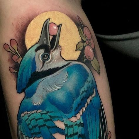 Evin Pfaff on Instagram: "Thanks Melissa 💕  • • • #flashtattoo #predrawntattoo #neotrad #neotraditionaltattoo #illustrativetattoo #patattooers #pennsylvaniatattooers #bluejay #birdtattoo #birdlife #naturetattoo #stencilstuff #tattooartist #tattoo #ink" Bluejay Art, P Tattoos, Bluejay Tattoo, Delicate Flower Tattoo, Traditional Tattoos, Nature Tattoos, Mom Tattoos, Neo Traditional, Birds Tattoo