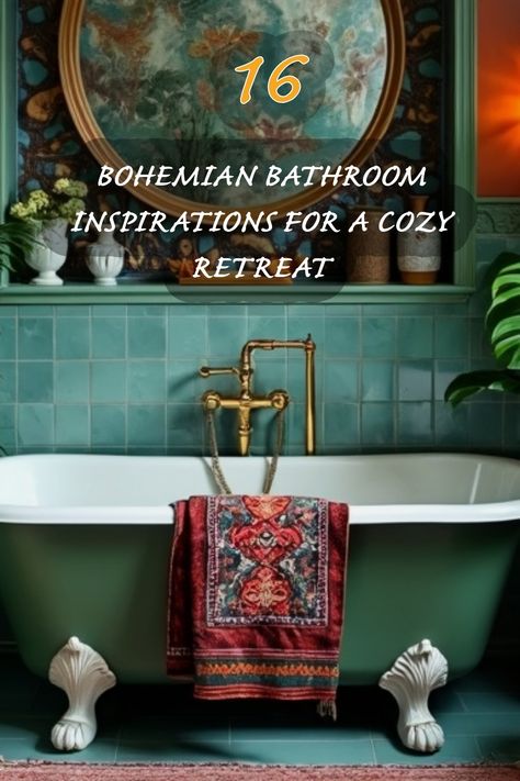 Step into a world of tranquility with these bohemian bathroom inspirations! The lush green tiles and vintage fixtures create a perfect retreat, while the eclectic decor and vibrant prints add a touch of warmth. Whether you're relaxing in a deep tub or enjoying a soothing shower, this space invites you to unwind and embrace a cozy ambiance. Colorful Eclectic Home Bathroom, Boho Inspired Bathroom, Nature Bathroom Aesthetic, Vintage Bathrooms Ideas, Bathroom Inspiration Master Bath, Posh Bathroom, Bathroom Inspiration Bohemian, Vintage Boho Bathroom, Ecclectic Bathroom