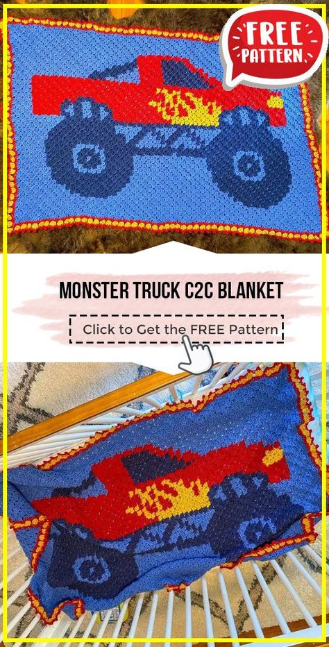 Monster Truck Crochet Blanket, Crochet Motorcycle Blanket Pattern Free, Variegated Yarn Crochet Blanket Patterns, Crochet Truck Blanket, Crochet Monster Truck Free Pattern, C2c Crochet Afghan Pattern Free, Monster Truck Crochet Pattern, Car Crochet Blanket, C2c Free Crochet Patterns