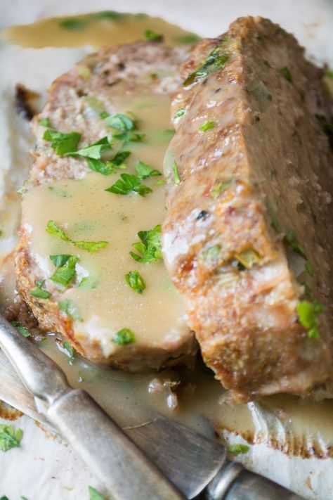 Meatloaf Meals, 1770 House Meatloaf, Garlic Gravy, Meatloaf With Gravy, Meatloaf Ingredients, Good Meatloaf Recipe, Ina Garten Recipes, Meals Ideas, Best Meatloaf