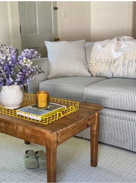 Striped Couch Living Room, Apartment Sitting Room, Striped Couch, Couch Styling, Striped Sofa, Couch Living Room, Post Grad, Chair And A Half, Starter Home