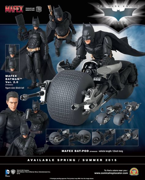 A closer look at the upcoming Mafex Batman figure and Bat-pod. Available 2015. #Batman #DarkKnight #Mafex #ActionFigure #DC www.bandteesandpopculture.com Mafex Batman, Hulk Buster, Batman Figures, Dc Comics Superheroes, Dc Characters, Super Hero Costumes, Boy Art, Hot Toys, Dark Knight