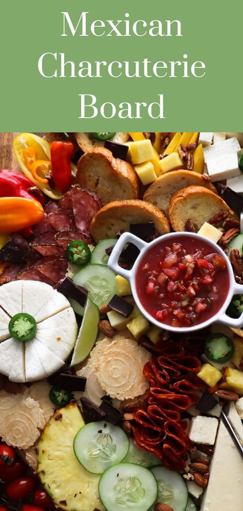 Savory, spicy, and sweet collide on this Mexican Inspired Charcuterie board! A fun spread for your guests to enjoy while socializing. Perfect for everything from a summer party to gameday! Seacuterie Boards, Mexican Charcuterie Board, Mexican Charcuterie, Themed Charcuterie Board, Charcuterie Ideas, Simple Farmhouse, Homemade Spice Blends, Mexican Foods, Small Tomatoes