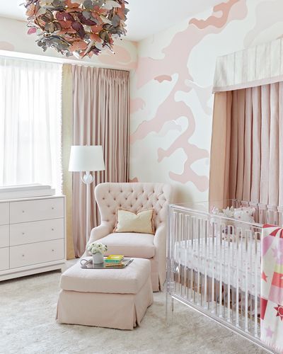 Contemporary Nursery, Camo Wallpaper, Pink Palace, Nursery Modern, White Nursery, Pink Camouflage, Pink Nursery, Modern Nursery, Pink Camo