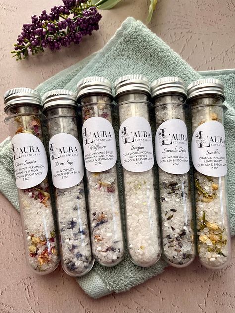 Bath Salt Soak Tubes Set of 6- Botanical Bath Salt Wedding Baby Shower Favors - 2 oz Spa Salt Tubes - Natural Bath Salts Gift Set by LauraBotanicals on Etsy Bath Salt Bar Display, Bath Salt Tubes, Spa Baby Shower Ideas, Spa Kit Diy Basket Ideas, Bath Salts Packaging Ideas, Bath Salt Packaging, Bath Salt Gift Set, Bath Gifts, Bath Salts Gift