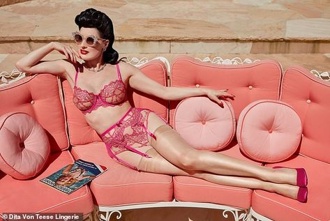 Dita Von Teese, 51, is the perfect advert for her lingerie collection as youthful burlesque icon models racy underwear by the pool | Daily Mail Online Adam Pearson, Pink Lingerie, Dita Von, Dita Von Teese, Black Scarf, Hollywood Star, Oprah Winfrey, Wide Brimmed Hats, Lingerie Collection