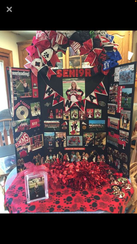 Poster Board Lights, Senior Boards For Cheerleading, Cheerleader Board Ideas, Decorated Poster Board Ideas, Sports Table Grad Party, Senior Picture Boards Photo Displays Sports, Sports Senior Night Table Ideas, Softball Senior Board, Sports Senior Board Ideas