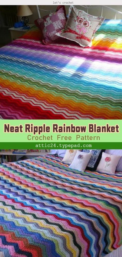 Neat Ripple Rainbow Blanket Free Crochet Pattern #freecrochetpattern  #crochetblanket  #crochetpattern Rainbow Ripple Crochet Blanket, Ombre Ripple Crochet Blanket, Exaggerated Ripple Crochet Pattern Free, Rainbow Crochet Blanket Pattern, Rainbow Through The Storm Crochet Blanket, Wall Hanging Dream Catcher, Colorful Crochet Blanket Rainbow, Crochet Blanket Rainbow, Crochet Ripple Afghan