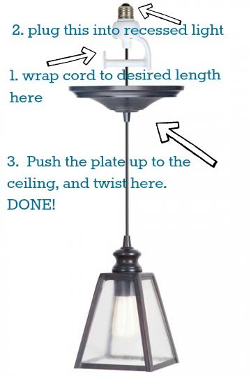 FIVE MINUTES.  These pendant lights screw into existing recessed lighting fixtures and can take just a few minutes to install.  Huge bang for your buck! Replace Recessed Lighting, Easy Kitchen Updates, Faux Brick Backsplash, Lighting Updates, Recessed Lighting Fixtures, Faux Brick Panels, Brick Paneling, Brick Backsplash, Recessed Light