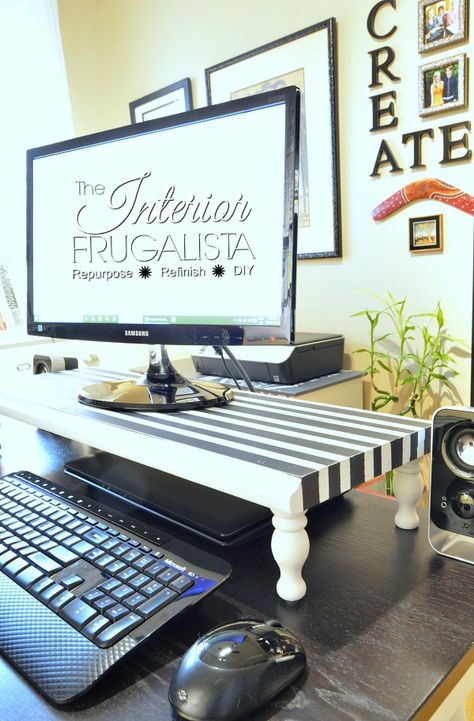 An easy DIY Computer Monitor Stand with funky black and white stripes. Work Cubicle Decor, Office Ideas For Work, Computer Monitor Stand, Cubicle Makeover, Cubicle Decor Office, Work Cubicle, Office Organization At Work, Work Office Decor, Pergola Design