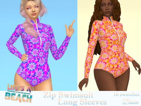 The Sims Resource - Life's a Beach - Zip Swimsuit Long Sleeves Cindy Dress, Cc Sims4, Beach Retro, Sims Clothes, Mermaid Top, Rainbow Skirt, Long Sleeve Swim, Sims 4 Teen, Swimsuit With Shorts