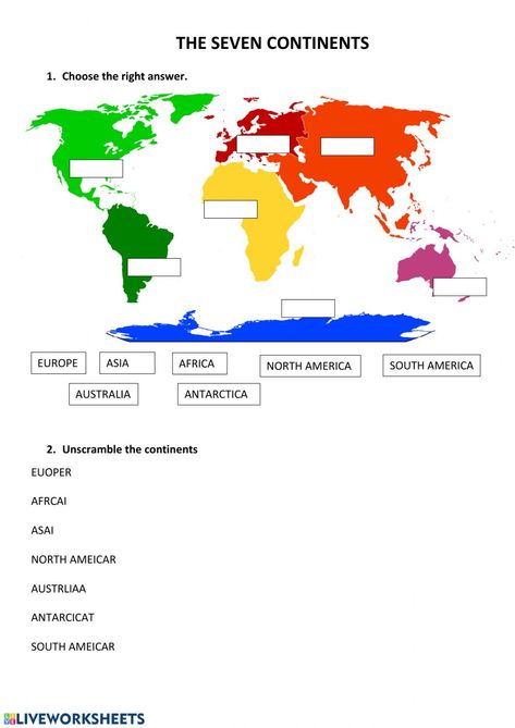 Continent Worksheets For Kids, 7 Continents Worksheet, Continent Worksheet, Oceans Worksheet, Continents Activities, World Map Continents, Word Puzzles For Kids, Montessori Geography, Geography Worksheets