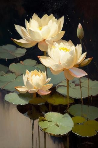 size: 18x12in Art Print: Lotus II by Vivienne Dupont : September Painting, Lotus Artwork, Oil Flowers, Water Lilies Art, Lotus Flower Painting, Lotus Flower Art, Lotus Painting, Lotus Art, Beautiful Oil Paintings