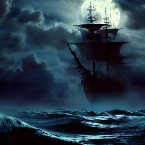 Ghost Ship, Flying Dutchman, Dead Crew, Ghostly Full Moon Flying Dutchman, Ghost Ship, Full Moon, Ghost, Moon