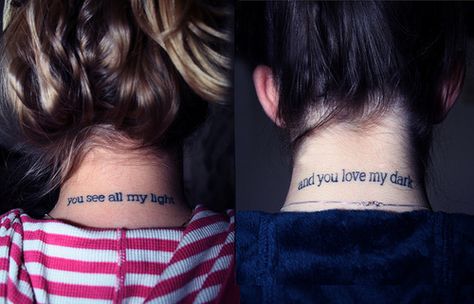 Friends matching tattoo design on neck Best Friend Tattoo Quotes, Good Girl Quotes, Friend Quotes For Girls, Tattoo Quotes About Life, Matching Best Friend Tattoos, Tattoos For Girls, Bff Tattoos, Tattoos Geometric, Friendship Tattoos