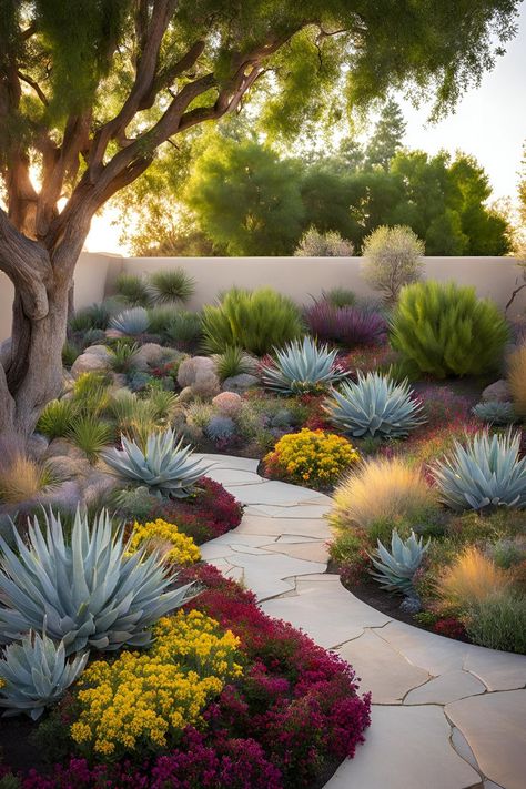 A picturesque front yard landscape, combining lush ground cover flowers with drought tolerant ground cover and exquisite succulent landscaping for an eco-friendly outdoor space. Front Yard Desert Landscaping Design, Arizona Yard Landscaping, Low Fence Front Yard, Succulent Front Yard Landscaping, Decomposed Granite Landscaping, Desert Landscape Front Yard, Drought Tolerant Landscape Front Yard, Arizona Landscaping, Desert Landscape Design