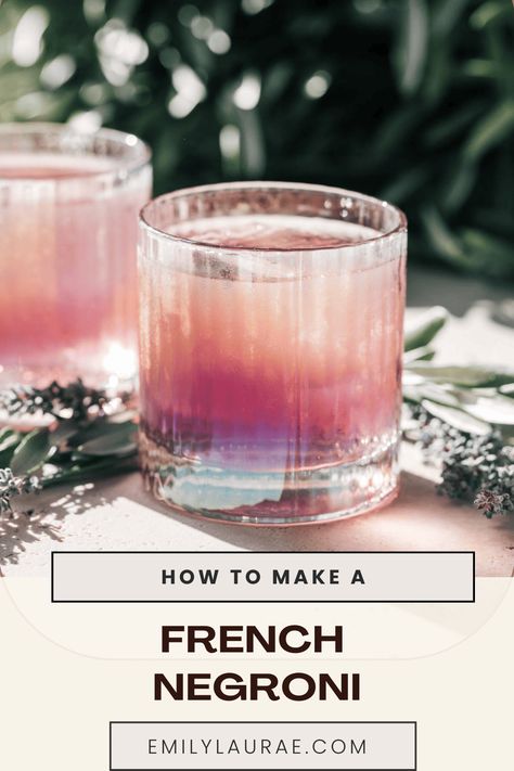 Delight your senses with a floral and berry-forward French Negroni. Made with only 4 ingredients, this refreshingly bitter and complex cocktail makes you feel like you're enjoying each sip while gazing on the French Riviera with a baguette and cheese board nearby. Luxury Drinks Cocktails, French 77 Cocktail Recipe, French Cocktails Recipes, Italian Cocktail Recipes, Interesting Cocktails, Mixed Drinks Alcohol Recipes, Cocktail Classics, Negroni Cocktail Recipe, Mixology Cocktails