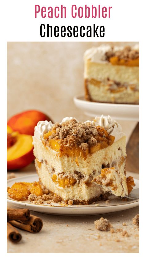 This peach cobbler cheesecake is a showstopping summer dessert to serve to guests! A creamy cheesecake filling is layered with juicy peaches and a brown sugar streusel. More streusel topping is sprinkled on top and it's served with a cinnamon whipped cream! Peach Cobbler Cheesecake Recipe, The Best Peach Cobbler, Peach Cobbler Cheesecake, Vanilla Cheesecake Recipes, Cinnamon Whipped Cream, Cheesecake With Whipped Cream, Peach Cheesecake, Peach Dessert Recipes, Peach Desserts