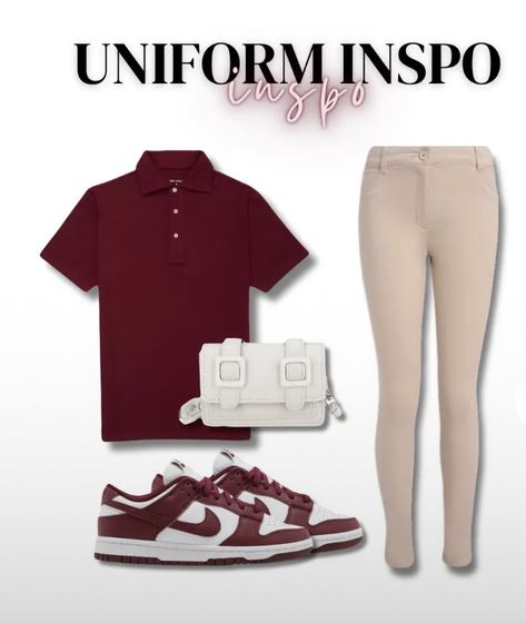 Burgundy Uniform Outfit, Back To School Uniform Outfits, Uniform Fits, Uniforms Ideas, Back To School Uniform, Khaki Pants Outfit, School Dress Code, Uniform Outfits, Uniform Ideas