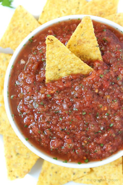 Restaurant-Style Blender Salsa (Easy!) - The Garden Grazer Restaurant Style Salsa Recipe, Guacamole Dip Recipes, Salsa Easy, Garden Grazer, Easy Guacamole Recipe, Blender Salsa, Restaurant Style Salsa, Guacamole Recipe Easy, Salsa Guacamole