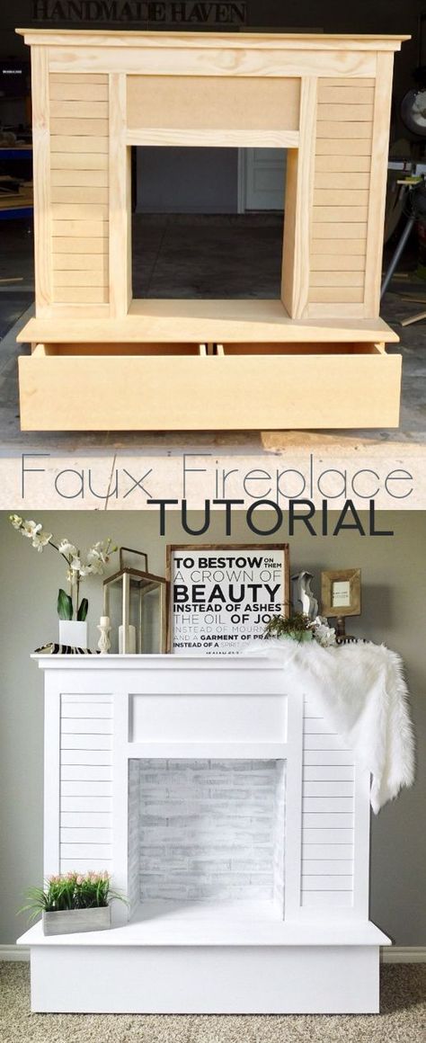 Faux Fireplace How-To with shiplap and faux brick painted with lime wash and aged gray rustoleum chalk paint Faux Fireplaces, Rustoleum Chalk Paint, Woodworking Shop Layout, Unique Woodworking, Woodworking Toys, Faux Fireplace, Faux Brick, Woodworking Projects That Sell, Shop Layout