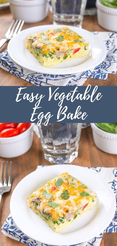 A piece of easy vegetable egg bake on a small white plate on top of a blue and white napkin. Vegetable Egg Bake, Simple Breakfast Casserole, Brunch Casseroles, Vegetable Bake Recipes, Vegetable Bake, Egg Bake, Eggs Breakfast, Breakfast Recipes Sweet, Easy Vegetable