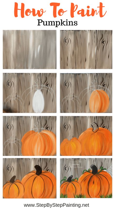 How To Paint Pumpkins On Canvas - Step By Step Painting How To Paint Pumpkins, Ako Kresliť, Paint Pumpkins, Fall Canvas Painting, Fall Canvas, Soyut Sanat Tabloları, Halloween Painting, Fall Crafts Diy, Canvas Painting Diy