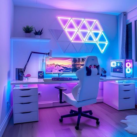 Simple Gaming Setup, Pc Setup Gaming, Rgb Room, White Gaming Setup, Cool Gaming Rooms, Gaming Setup Bedroom, Rooms Inspiration, Games Room Inspiration, Gaming Bedroom