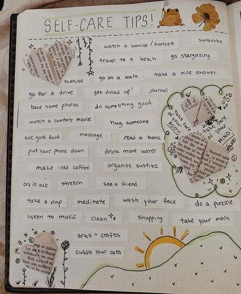 self-care tips page in my journal! journaling/hobby/journal page inspo/self-care/self-love/writing inspiration/collage/aesthetic pages/mindfulness Self Care Scrapbook, Self Love Scrapbook, Self Care Journal Aesthetic, Self Love Journal Ideas Aesthetic, Journaling Hobby, Journaling Self Love, Self Care Journal Ideas, Hobby Journal, Self Care Journal Pages