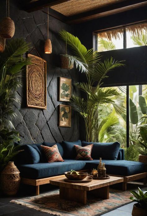 35 Gorgeous Dark Boho Living Room Inspirations 52 Jungle Interior Design Living Room, Jungle Inspired Living Room, Real Living Room Ideas, Bali Inspired Living Room, Balinese Living Room, Boho Industrial Living Room, Jungle Living Room, Dark Boho Living Room, Boho Living Room Inspiration