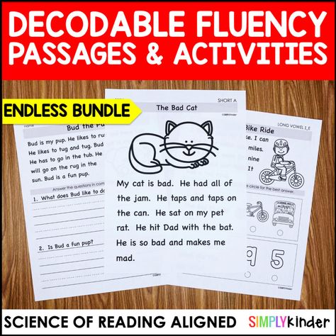 Decodable Fluency Passages for Reading Comprehension, Kindergarten, First Grade - Simply Kinder Comprehension Kindergarten, Decodable Passages, Reading Comprehension Kindergarten, Fluency Passages, Long Vowels, Bad Cats, Reading Fluency, Comprehension Questions, Best Answer