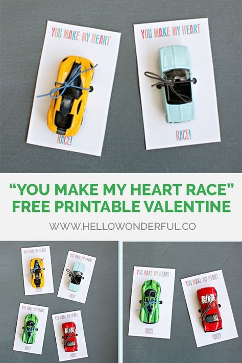 "YOU MAKE MY HEART RACE" FREE PRINTABLE VALENTINE FAVOR Race Car Valentines, Hot Wheels Valentine, Car Valentine, Kids Holidays, Fun Valentines Day Ideas, Transportation Activities, Valentine Favors, Holiday Lessons, Valentine Gifts For Kids