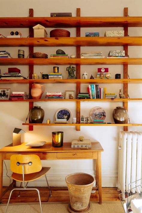 Bookshelf Over Desk, Work From Home Desk Aesthetic, Vintage Eclectic Office, Small Living Room With Desk, Living Room With Bookshelves, Styled Bookshelves, Library Shelving, Cabin Plan, Tiny Home Office