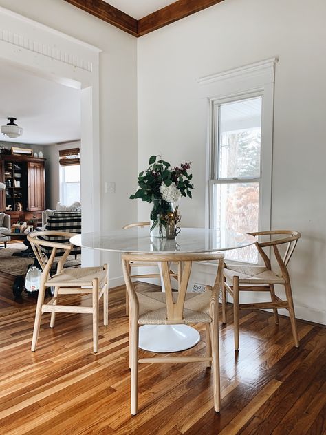 Wishbone Chairs in Natural, Tulip Table Natural Wishbone Chair Dining Room, Best Chairs For Glass Dining Table, Glass Table Chairs, Glass Table Wood Chairs, Tulip Table Dining Room, Wishbone Chair Dining Room, Tulip Table And Chairs, Wishbone Chair Dining, Wishbone Dining Chairs