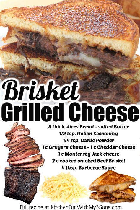 Brisket Grilled Cheese Sandwich is a quick and easy dinner recipe. With three cheeses, BBQ sauce and beef brisket, this is a total winner. #food #recipe #bbq #grilledcheese #dinner Brisket Grilled Cheese, Brisket Sandwich Recipe, Brisket Grilled, Grilled Cheese Sloppy Joe, Seasoned Butter, Easy Pork Chop Recipes, Smoked Beef Brisket, Brisket Sandwich, Brisket Recipes