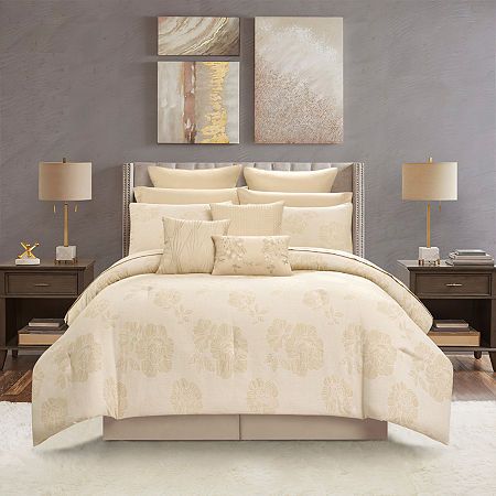 Adorned with a beautiful jacquard floral pattern, this ensemble seamlessly blends elegance with modern style. The set includes (1) sumptuous comforter, (2) pillow shams, (2) euro shams, and (2) pillowcases, all featuring the intricate floral design for a cohesive and refined look. Adding to the allure, a tailored bed skirt contributes to the overall elegance. Complete with (3) decorative pillows that serve as stylish accents, and the practicality of (1) flat sheet and (1) fitted sheet, this set Glam Comforter Set, Gold Comforter Set, Gold Comforter, Modern Bed Set, Jacquard Bedding, Modern Style Decor, Floral Comforter Sets, Floral Bedding Sets, Floral Comforter