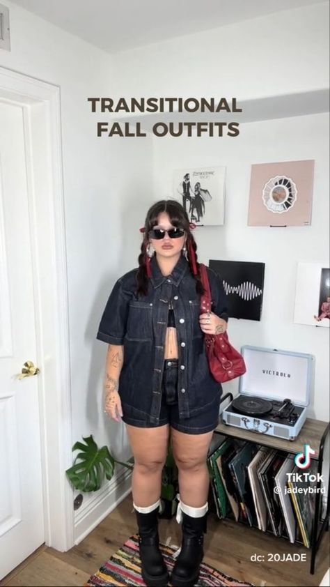 Post Romance Outfit, Plus Festival Outfit, Bratz Outfits Plus Size, Plus Size Rockstar Outfit, Short And Curvy Fashion, Plus Size Jorts Outfit Idea, Concert Outfit For Plus Size, Big Calves Women Fashion, Mini Skirt Plus Size Outfit